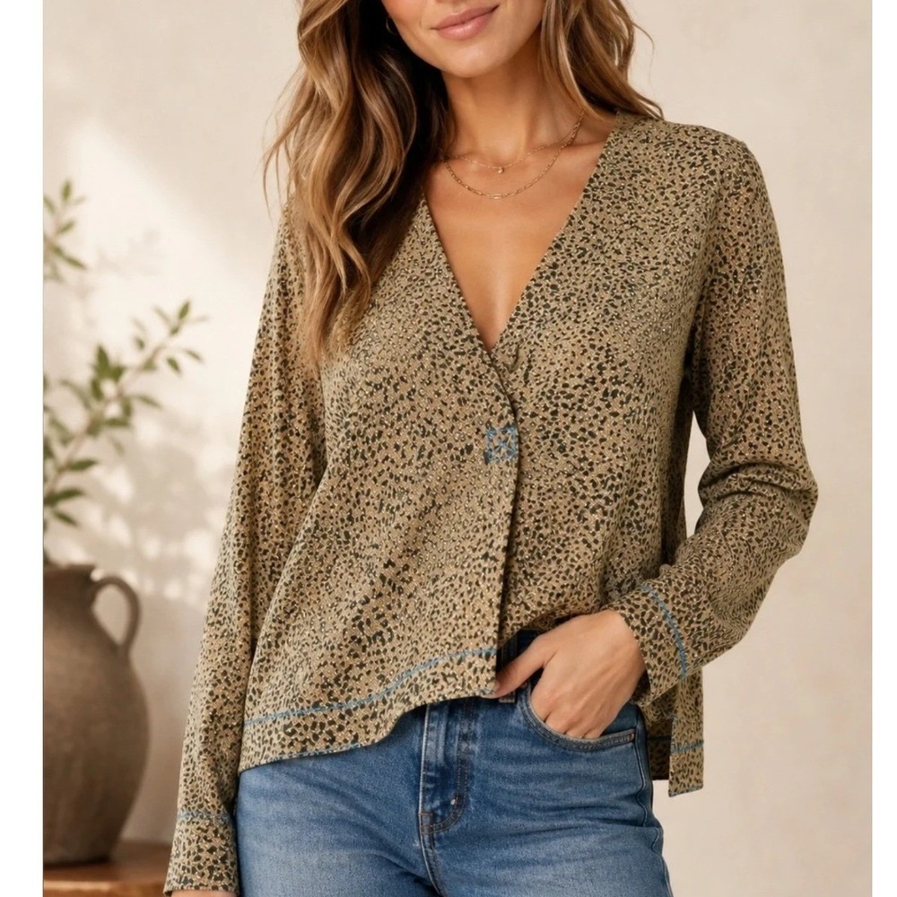Rag & Bone Silk Shields Cheetah Print Blouse Women Sz L V-Neck Draped Tan Black